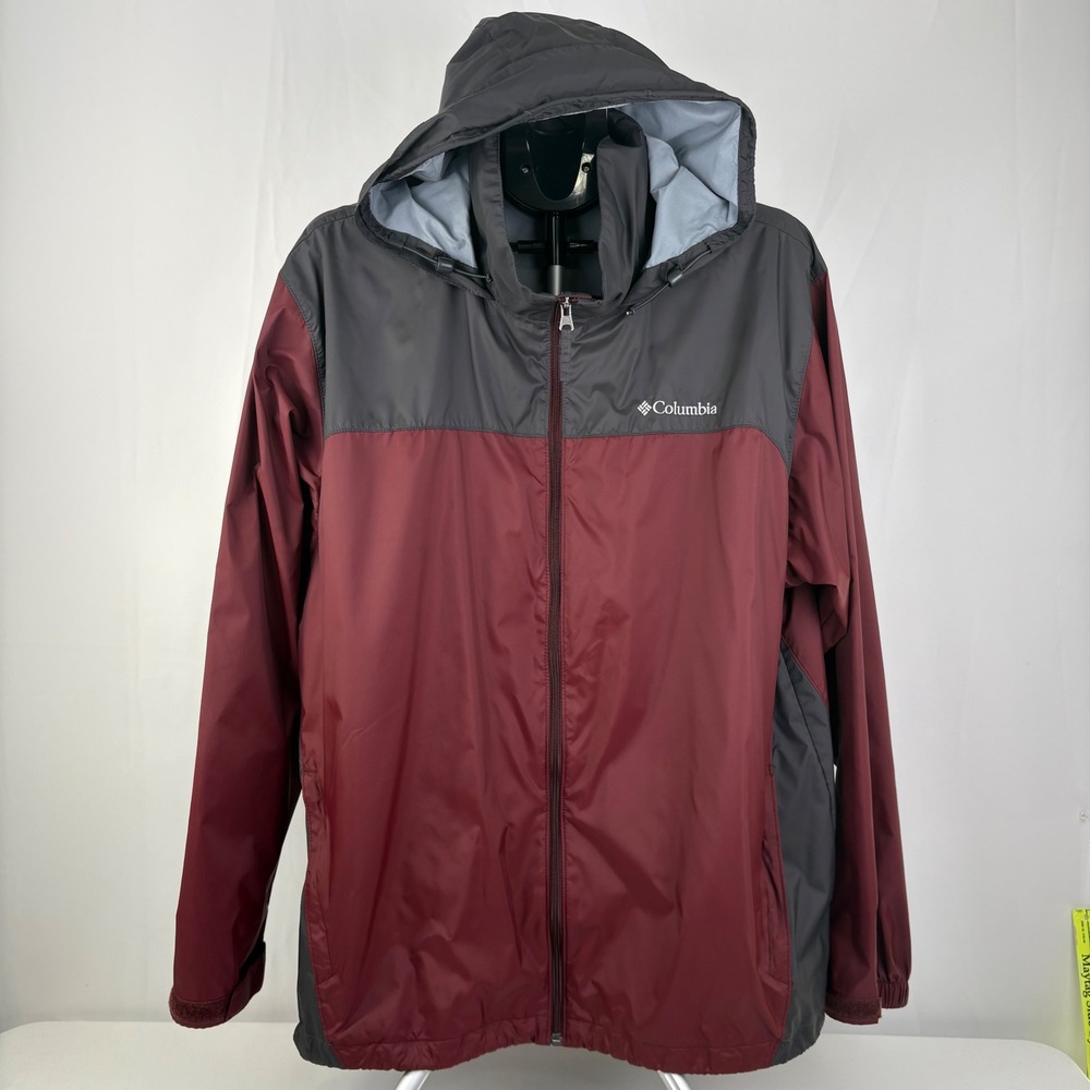 Columbia Mens Glennaker Lake Rain Jacket Maroon Grey Hooded Full Zip Size XL